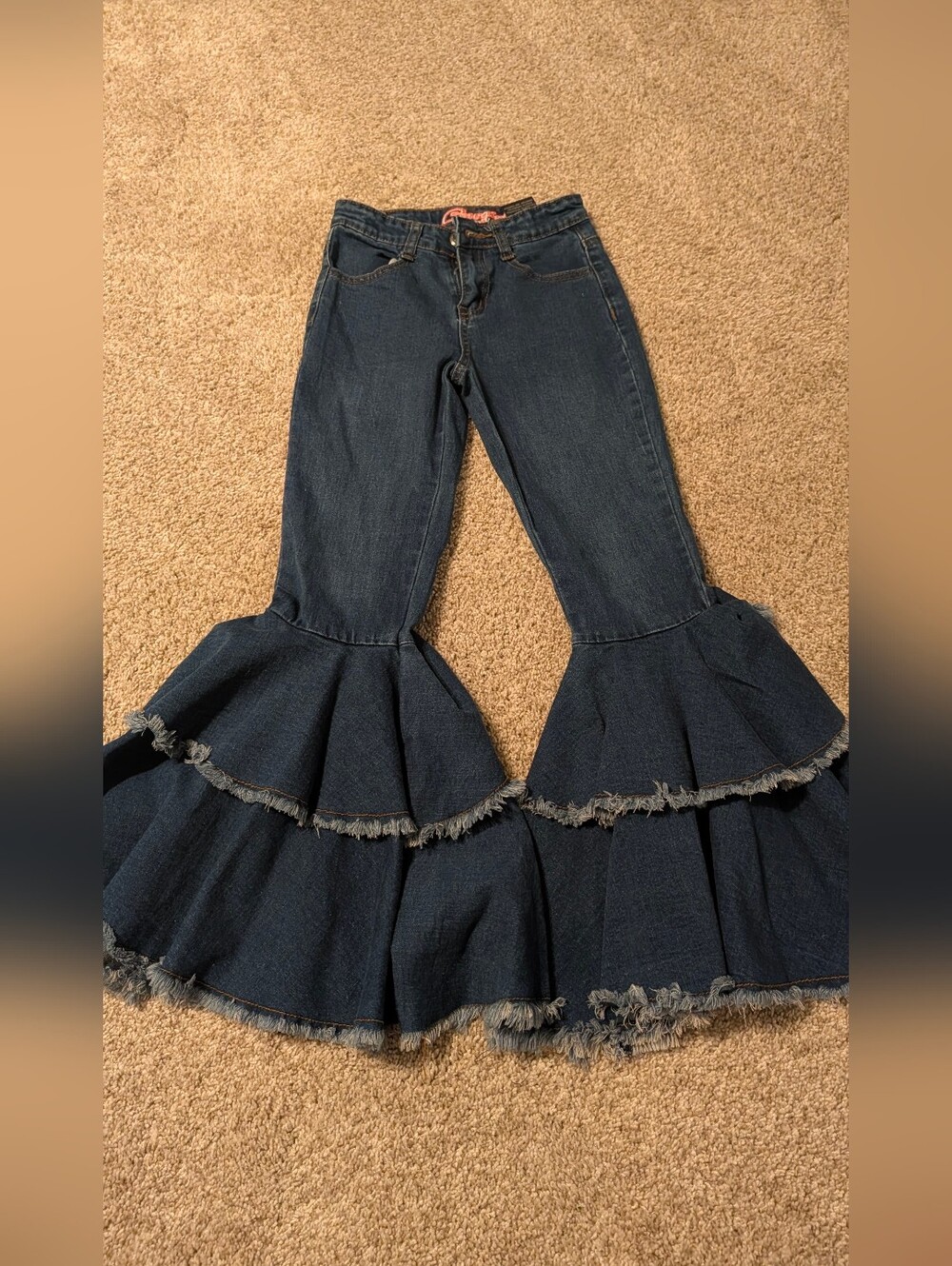 Dark Blue Ruffle Tiered Bell Bottom Jeans - KIDS SIZE 7
